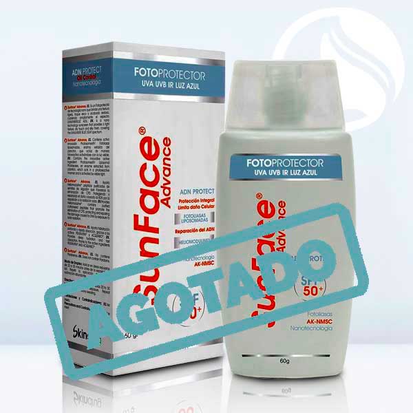 SunFace-Advance-AGOTADO Fotoprotector SunFace Advance SPF 50+® desarrollado bajo altos estándares de calidad y principios activos innovadores como PHOTOSOMES V (fotoliasa liposomada), INTERLEUKINE 6 y HELIOMODULINE que en conjunto protegen y reparan el daño causado al ADN por la exposición a la radiación solar.